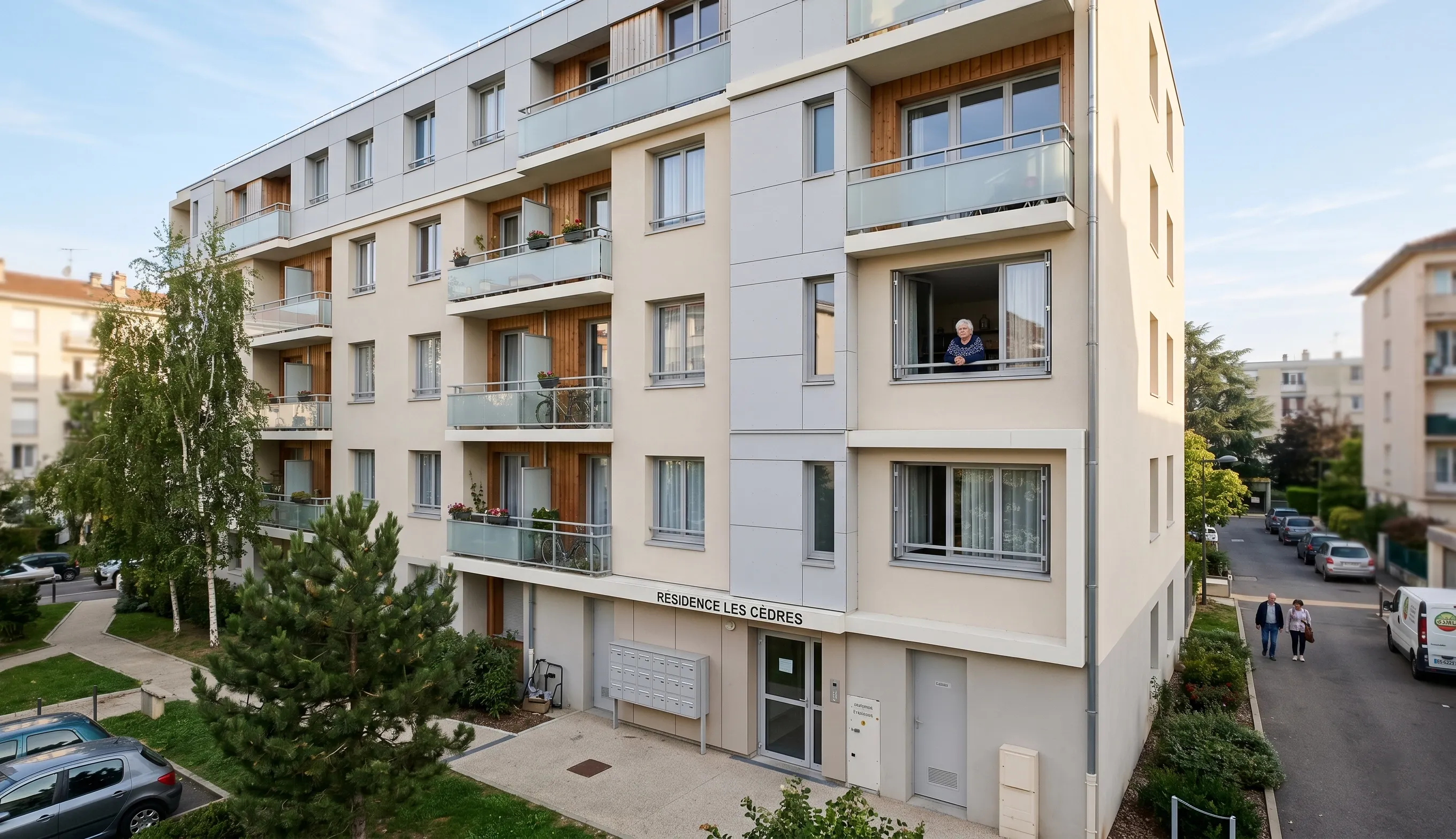 Immeuble HLM moderne en France avec une personne senior observant un logement devenu trop grand depuis sa fenêtre