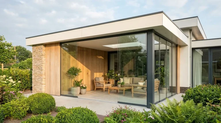 Véranda contemporaine avec mur en bois, façade en pierre et baies vitrées coulissantes ouvrant sur un jardin verdoyant.