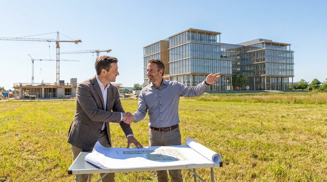 Deux hommes professionnels se serrent la main devant un chantier et un immeuble moderne avec des plans sur une table.