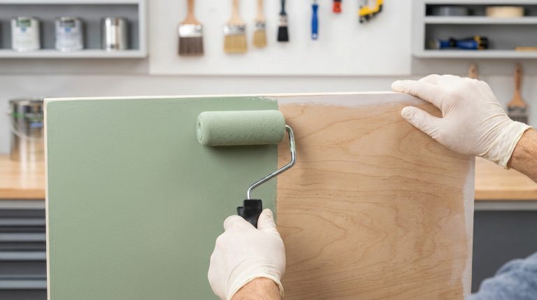 Mains gantées utilisant un rouleau pour peindre une planche de contreplaqué en vert sauge dans un atelier.