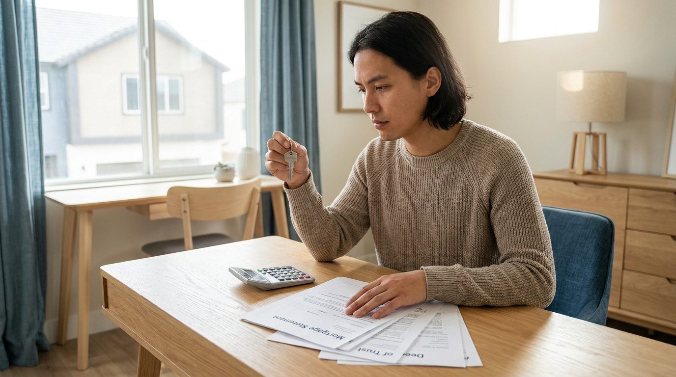 Un homme sérieux assis à un bureau examine des documents de prêt immobilier et tient une clé.