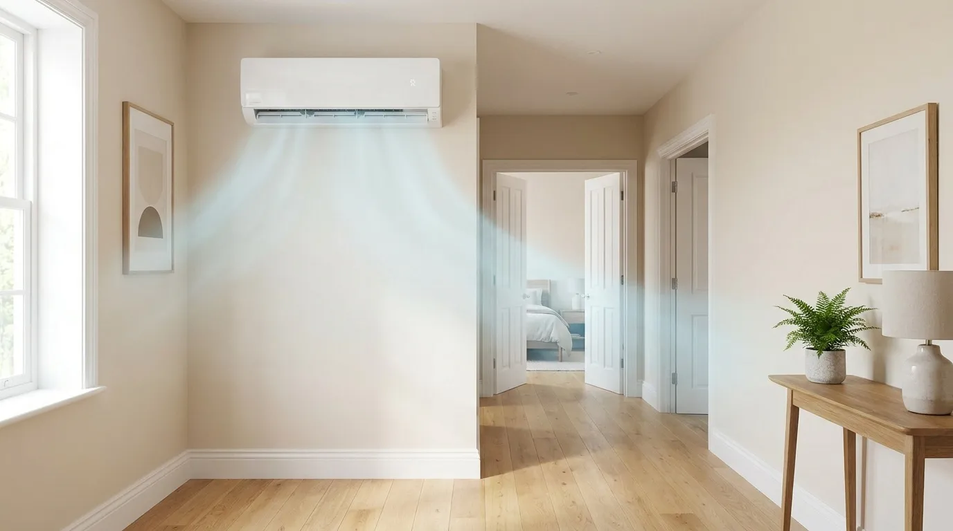 Un climatiseur mural diffuse de l'air frais dans un couloir moderne menant vers une chambre à coucher.