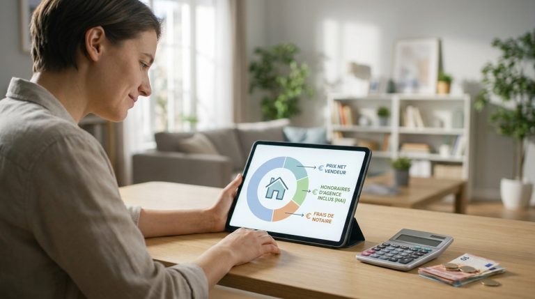 Une femme consulte sur tablette un graphique illustrant la répartition des frais d'un achat immobilier avec le sigle HAI.