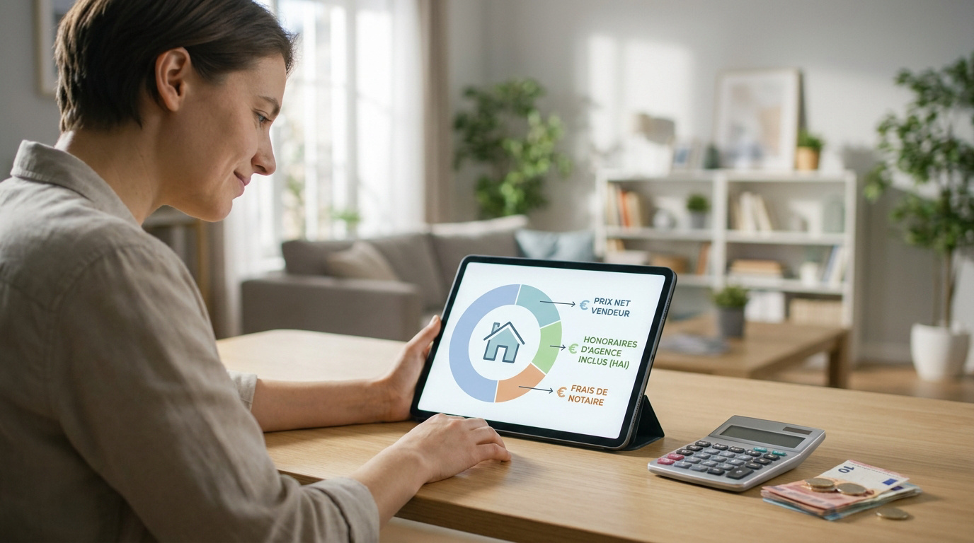 Une femme consulte sur tablette un graphique illustrant la répartition des frais d'un achat immobilier avec le sigle HAI.