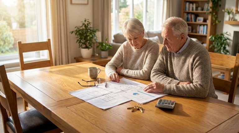 Couple de seniors assis à une table en bois examinant des documents financiers et des plans de maison.