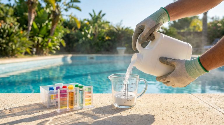 Une personne gantée verse du chlore en poudre dans un verre doseur au bord d'une piscine avec un kit d'analyse d'eau.