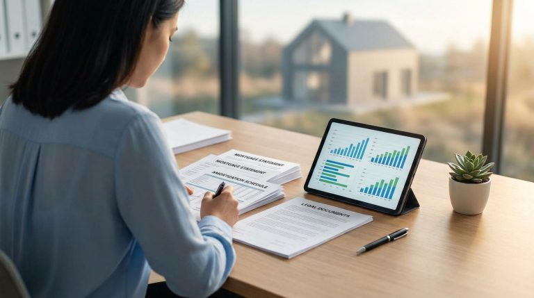 Une femme assise à un bureau examinant des documents financiers et un graphique sur tablette après son divorce.