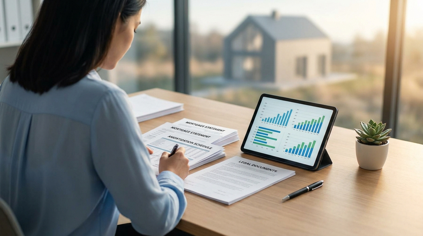 Une femme assise à un bureau examinant des documents financiers et un graphique sur tablette après son divorce.