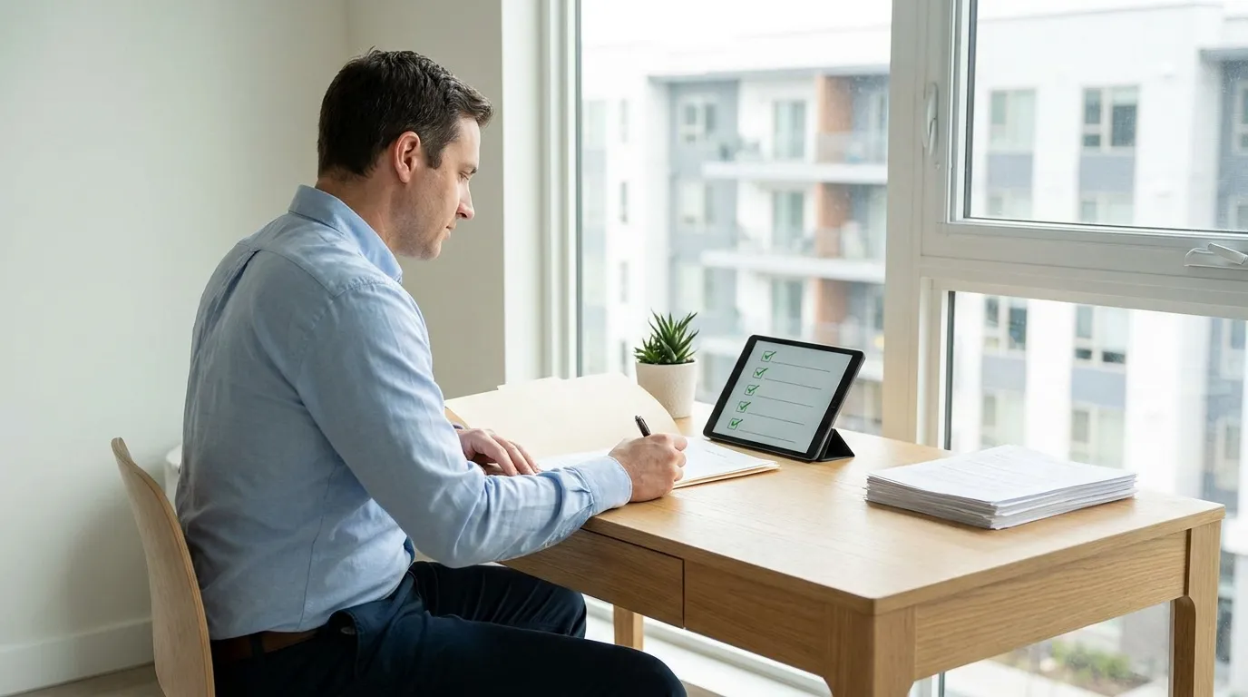 Un homme assis à son bureau devant une tablette affichant une liste de tâches, remplissant des documents administratifs.