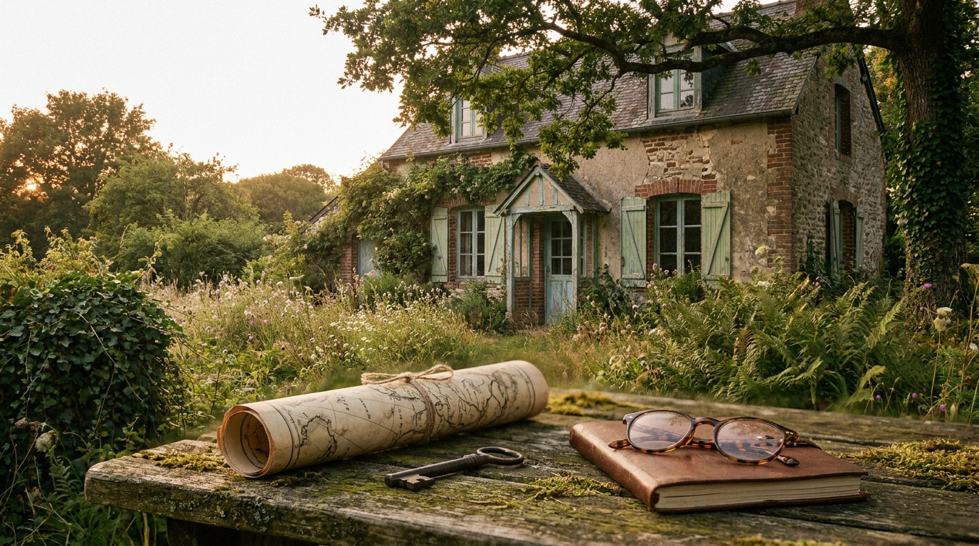 Une vieille maison en pierre entourée d'un jardin sauvage avec un plan, une clé et des lunettes sur une table en bois.