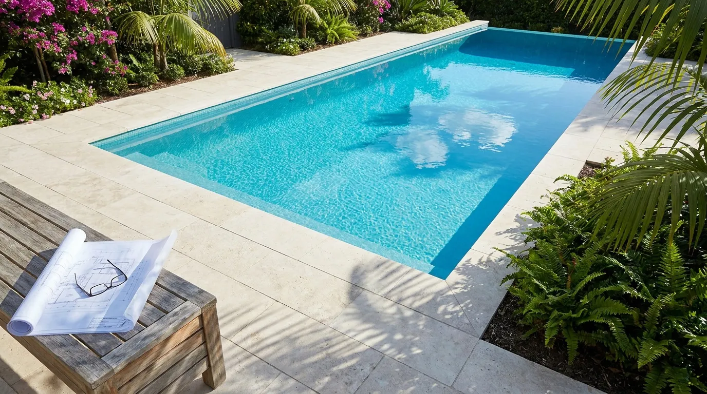 Plans de piscine posés sur un banc en bois à côté d'une piscine extérieure moderne et ensoleillée.