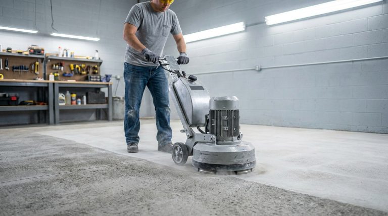 Un ouvrier utilise une ponceuse à béton industrielle pour lisser la surface d'un sol en béton dans un atelier.