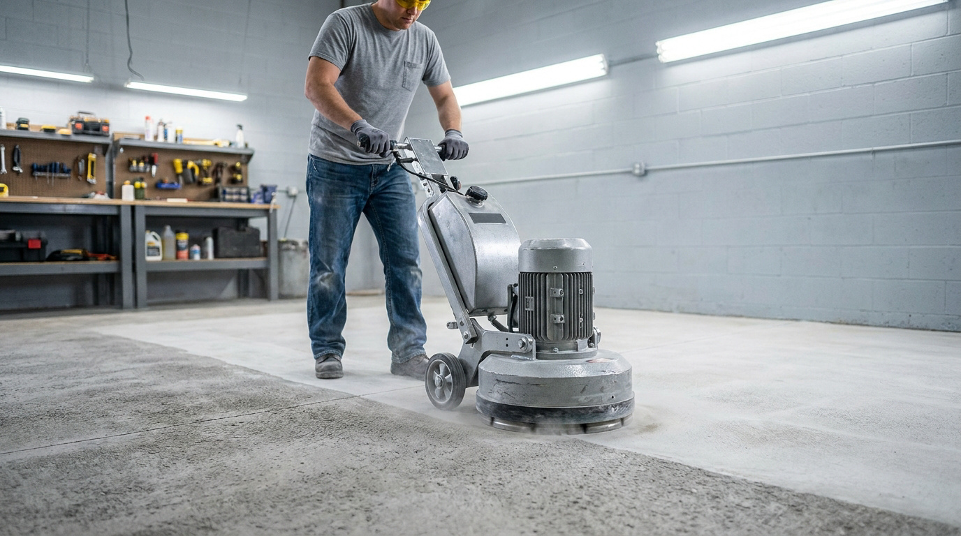 Un ouvrier utilise une ponceuse à béton industrielle pour lisser la surface d'un sol en béton dans un atelier.
