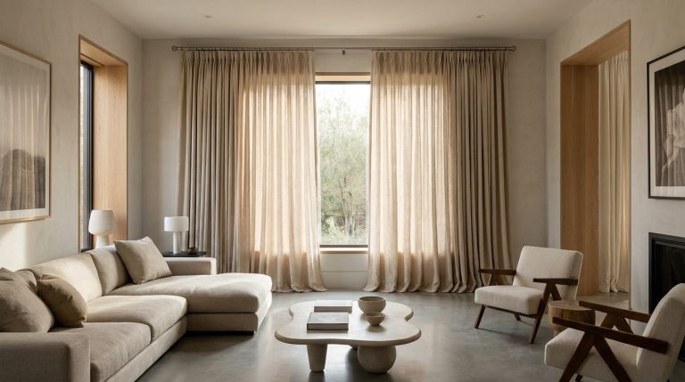 Salon moderne avec de grands rideaux beiges plissés habillant une fenêtre, décor minimaliste et chaleureux.