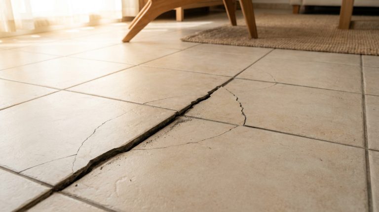 Une fissure importante traverse plusieurs carreaux de sol en céramique beige dans une pièce éclairée.