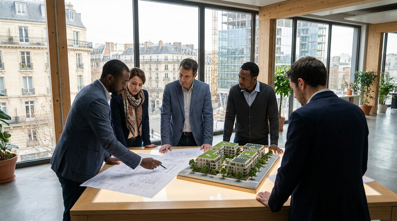 Une équipe d'architectes et d'urbanistes étudie une maquette de projet immobilier dans un bureau avec vue sur Paris.